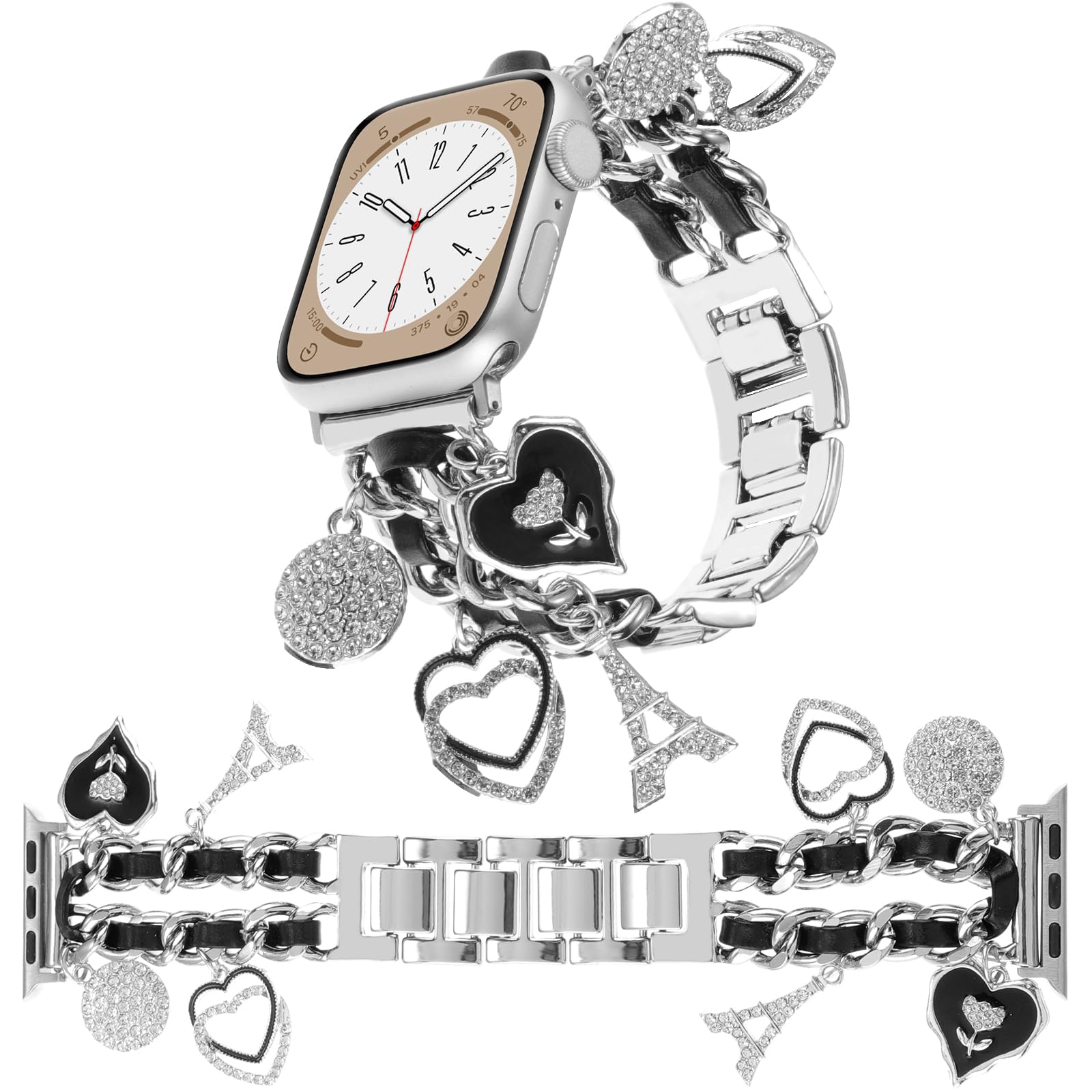 REALSIGN Stylish Metal Wristband Compatible with Apple Watch Band 38mm 40mm 41mm,Cuban Chain Bracelet with Cute Sparkly Diamond Pendants for iWatch Series 9 8 7 6 5 4 3 SE Charms for Women(38/40/41MM,Silver+Black Leather)