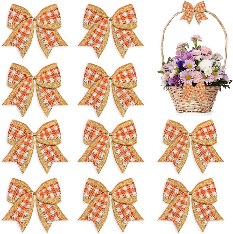 Bows & Ribbons - ABTOLS 10pcs Fall Wreath Bows, Orange White Buffalo Plaid Bows for Wreath Autumn Burlap Bows for Front Door, Vintage Farmhouse Tree Bows for Thanksgiving Holiday Indoor Outdoor Decor