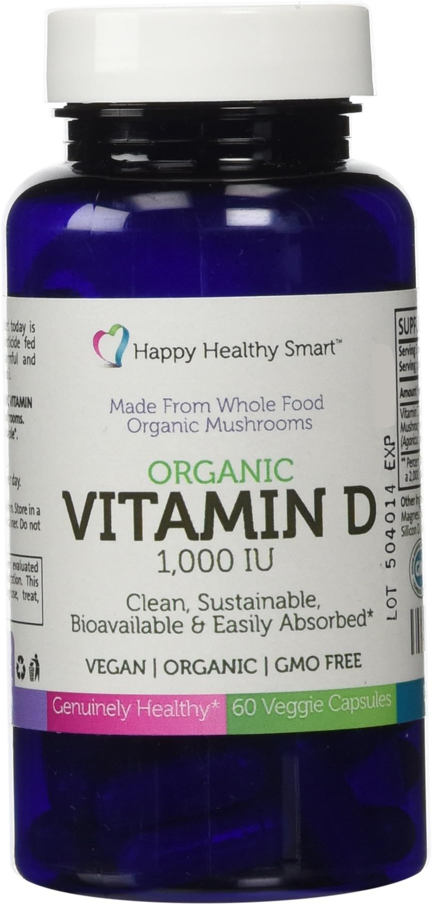 Happy Healthy Smart Unique ORGANIC Vitamin D Made From Whole Foods - D2, Bioavailable, Absorbable, Vegan, GMO Free (60 Capsules).
