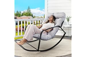 BULEXYARD Grey Oversized Indoor Outdoor Lounge Royal Rocking Chair with Armrest Footrest for Napping Relaxing, Heavy Duty Patio Reclining Papasan Rocker Chair with Padded Cushion for Porch, Sunroom