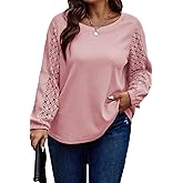 Eytino Womens Plus Size Tops Lace Long Sleeve Waffle T Shirts Casual Crewneck Tunic Tops(1X-5X)