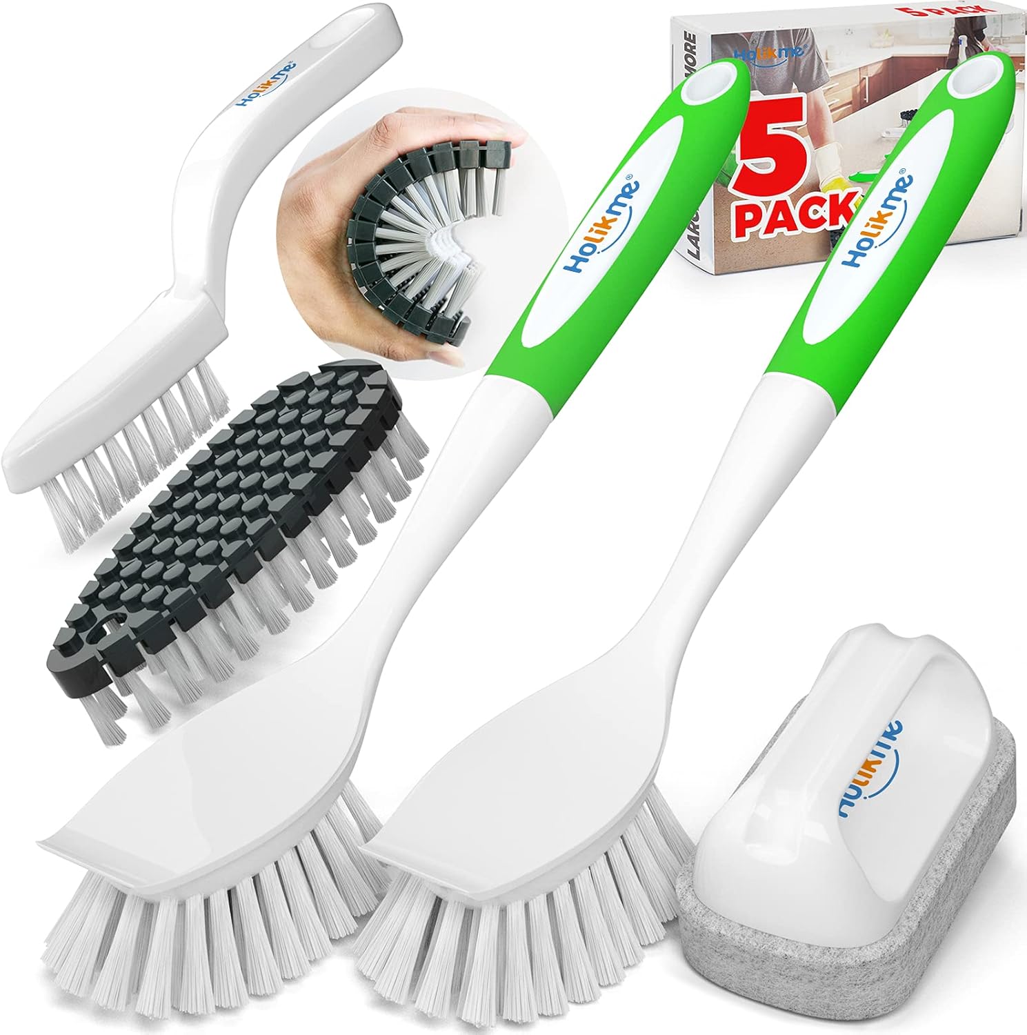 Holikme 5 Pack Kitchen Cleaning Brush Set, Dish Brush for Cleaning, Kitchen Scrub Brush&Bendable Clean Brush&Groove Gap Brush&Scouring Pad for Pot and Pan, Kitchen Sink, Green: Kitchen & Dining