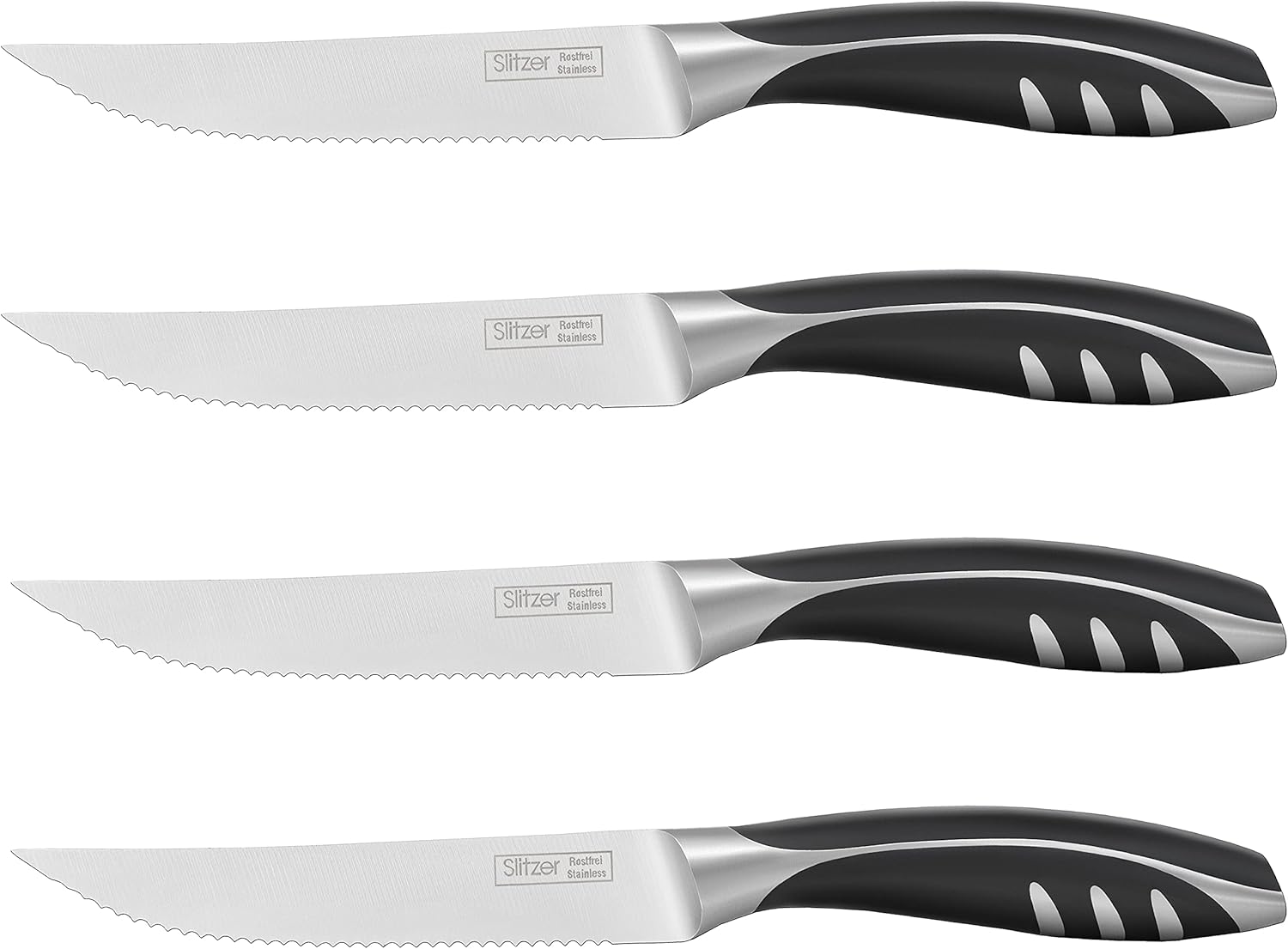 Maxam Slitzer Germany 4-Piece Steak Knife Set - 9 1/8 Inch Stainless Steel Serrated Blade, Full Tang Handle with ABS Overlay - Premium Cutlery, Sharp Slicing Edge for Thick Meat: Kitchen & Dining