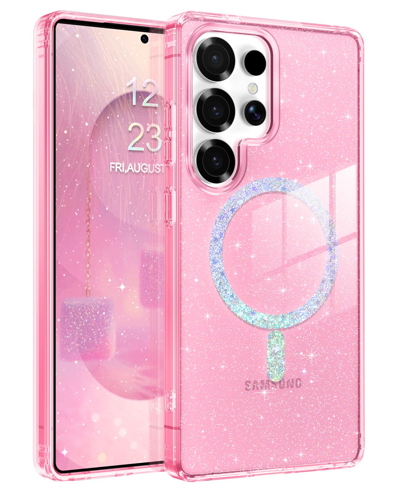 BENTOBEN for Samsung S25 Ultra Case Clear Glitter, Galaxy S25Ultra Magnetic Phone Case [Compatible with MagSafe] Shockproof S25 Ultra 6.9-inch Cute Cover for Women Girl, Shine Hot Pink Glitter