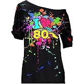 Coume Halloween 80s Costume Outfit for Women Love off the Shoulder T Shirts Novelty Neon Top Clothes for Costume Mid Sleeve