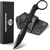DRACHENADER EDC Fixed Blade Knife with Sheath 7.08" Small Horizontal Carry Knifes with Kydex Sheath, Full Tang 5Cr13MoV Stainless Steel, Black, Neck Knife, Men Gifts