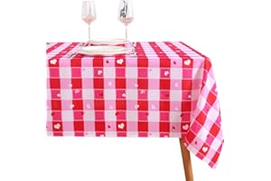 SARAFLORA Valentine's Day Checkered Fabric Rectangle Table Cloth- 60 x 84 Inch -Polyester Heart Pattern Tablecloth, Table Cover Protector for Party, Wedding, Valentine Decoration Use, Red & White