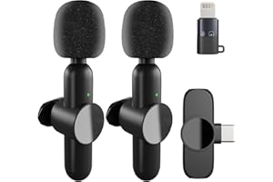 2 Pack Wireless Microphone for iPhone Android Laptop, Mini Lavalier Microphone Plug-Play, Auto Sync and Noise Reduction, Clip