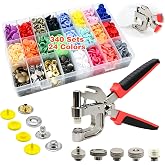 2-in-1 Snap Button Kit - 340Sets Snap Buttons with Fasteners Kit - 300Sets T5(12mm) No-Sew Plastic Snaps + 40Sets 12.5mm Metal Leather Snaps for DIY Sewing, Crafting, Leather, Fabric, Baby Clothes