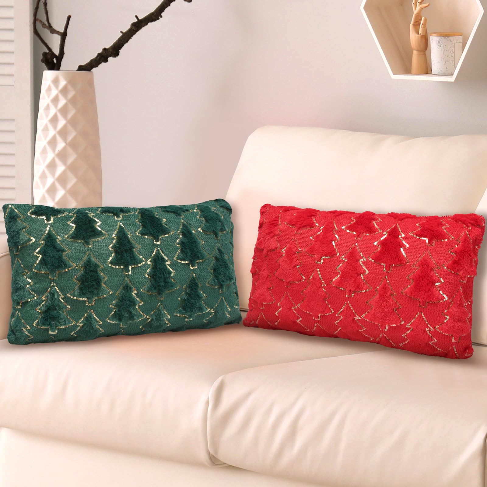 ANNERSAT 2pcs Christmas Throw Pillow Covers 30 x 51 cm Decorative Xmas Cushion Cover Soft Plush Winter Holiday Cushion Case Faux Fur with Xmas Tree Pattern Gift for Christmas Home Sofa Couch Decor