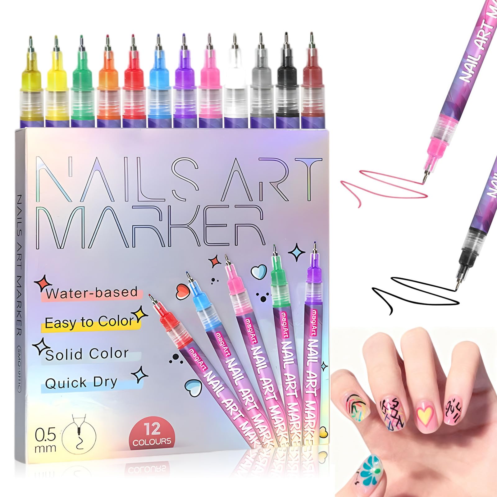 Photo 1 of 12 Color Nail Art Pens Set, 3D Quick-Dry 0.5MM Nail Polish Pens, Nail Art Painted Pen Kit, DIY Nail Art Marker Graffiti Dotting Pen, for Nails Art Design Manicure Nail DIY Decoration (A)