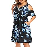 Women's Plus Size Sun Dress Cold Shoulder Casual T-Shirt Knee Length Sundresses with Pockets