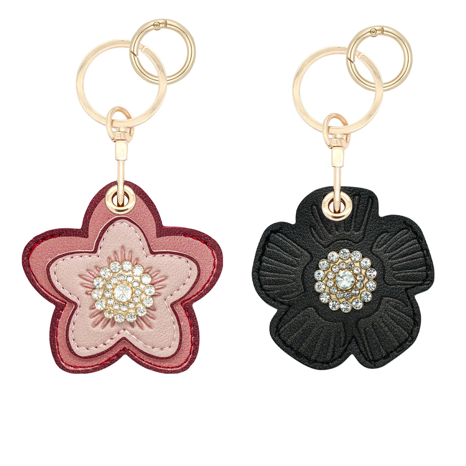 Photo 1 of XEEWEN 2 Pack Hidden Keychain Holder for Airtag - Cute Leather Key Ring Case Cover for Women - Black&Pink Flower
