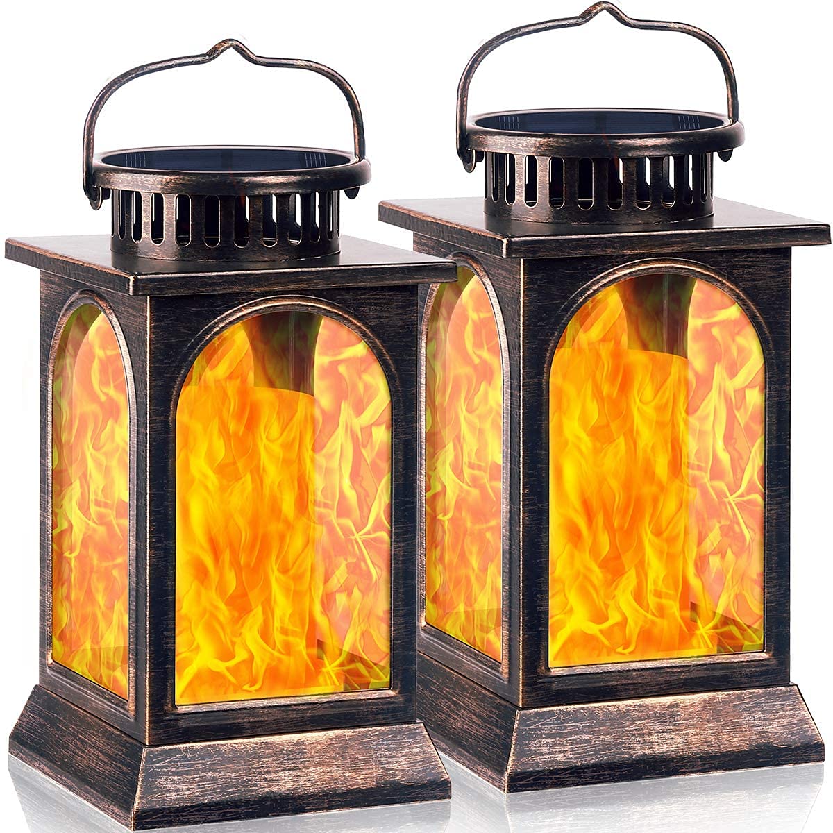 SOLARBABY Solar Lantern Outdoor Flame Lights, Solar Flame Lights Dancing Decorative Metal Hanging Lantern Waterproof SolarLight for Garden Patio Pathway Deck Yard (Bronze, Pack of 2)