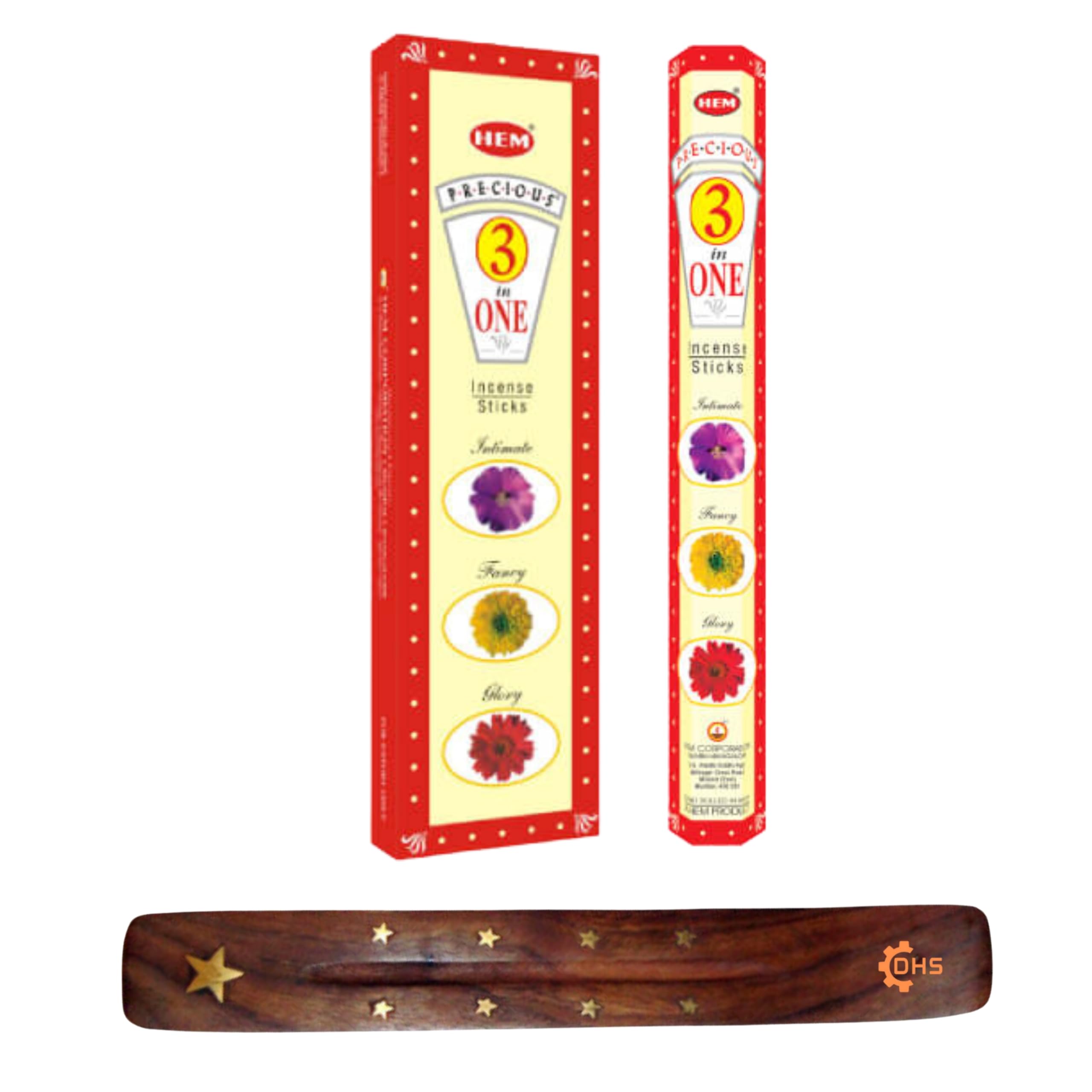 HEM Incense sticks PRECIOUS 3 in 1 Full box of 6 with DHS incense stick holder for Yoga, Meditation, Healing, Spirituality, Aromatherapy, Incense Spa and Relaxation