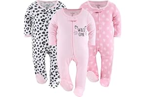 The Peanutshell Footed Sleepers for Baby Girls, Cheetah & Pink Hearts, Newborn to 12 Month