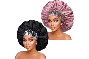 ISSHIN BEAUTY Silk Satin Bonnet Hair Cap: 2pcs 17inch Diameter Extra Large Jumbo Sleeping Satin Bonnets with Comfortable Flower Band - High Density Satin Bonnets for Women Braids Curly Night Cap (Black & Rosegold)