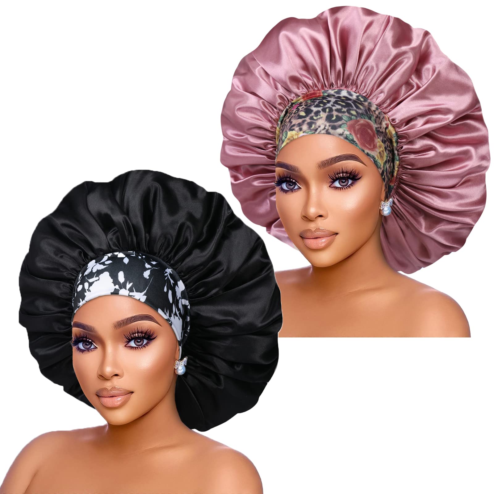 Silk Satin Bonnet Hair Cap: 2pcs 17inch Diameter Extra Large Jumbo Sleeping Satin Bonnets With Comfortable Flower Band - High Density Satin Bonnets For Women Braids Curly Night Cap (Black & RoseGold)