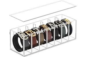 FEMELI Belt Organizer, Acrylic Belt Storage for Closet with Dust Cover, 7 Compartments Belt Container Display Holder for Drawer, Clear Belt Tie Case for Women Men Home