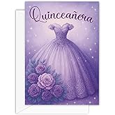 ASVP Shop Quinceañera Birthday Celebration Card – Beautiful Dress & Flowers Design for Her Special Day (Purple)