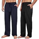 Wenouy 2 Pack Men's Cotton Pajama Pants Soft Sleep & Lounge Pj Bottoms with Pockets & Drawstring