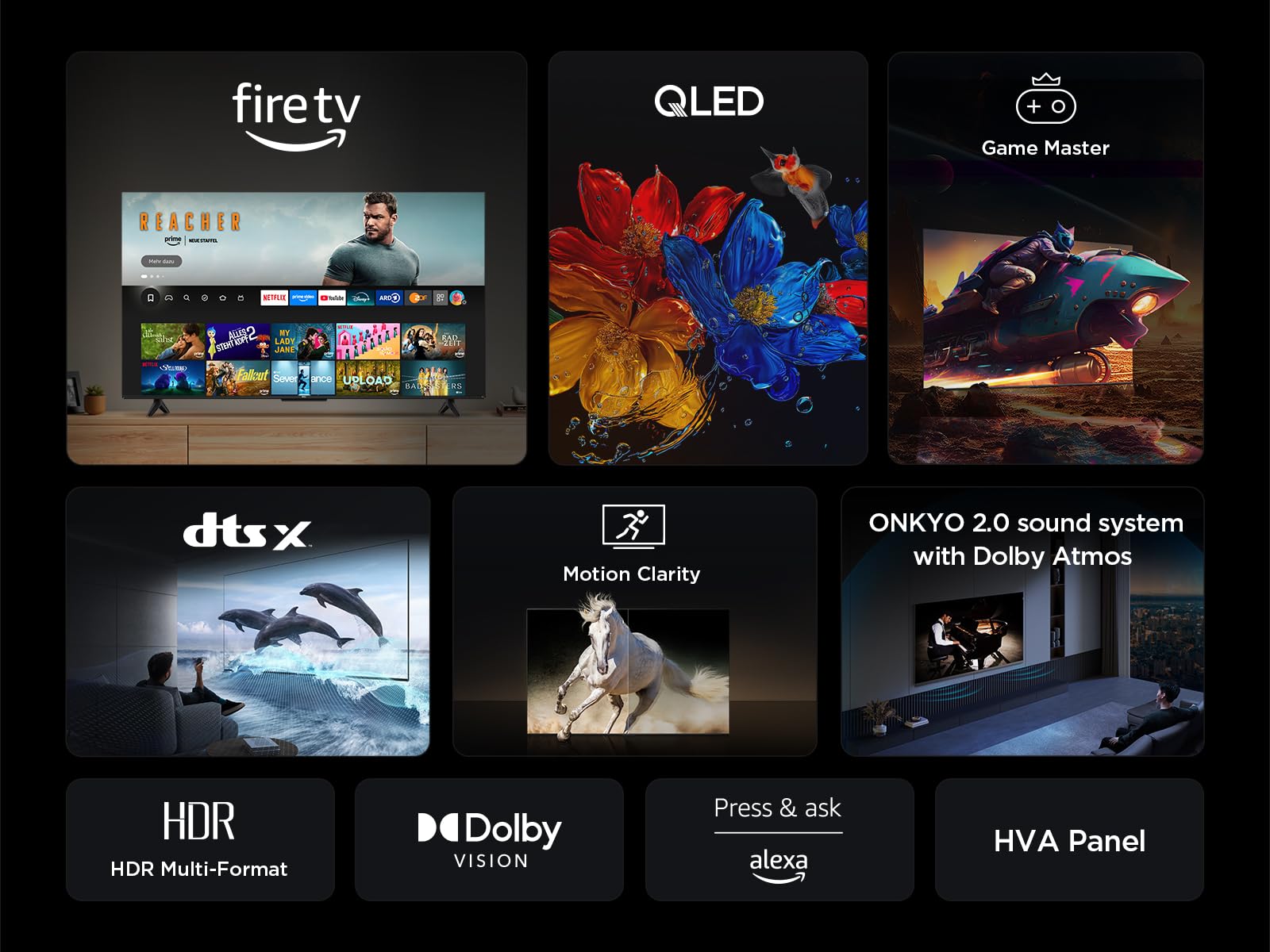 TCL 65T6C 65 Zoll QLED Fernseher, 4K UHD Fire TV, HDR10+, Dolby Vision & Atmos, Smart TV mit Sprachsteuerung mit Alexa, Google Cast & AirPlay 2 4