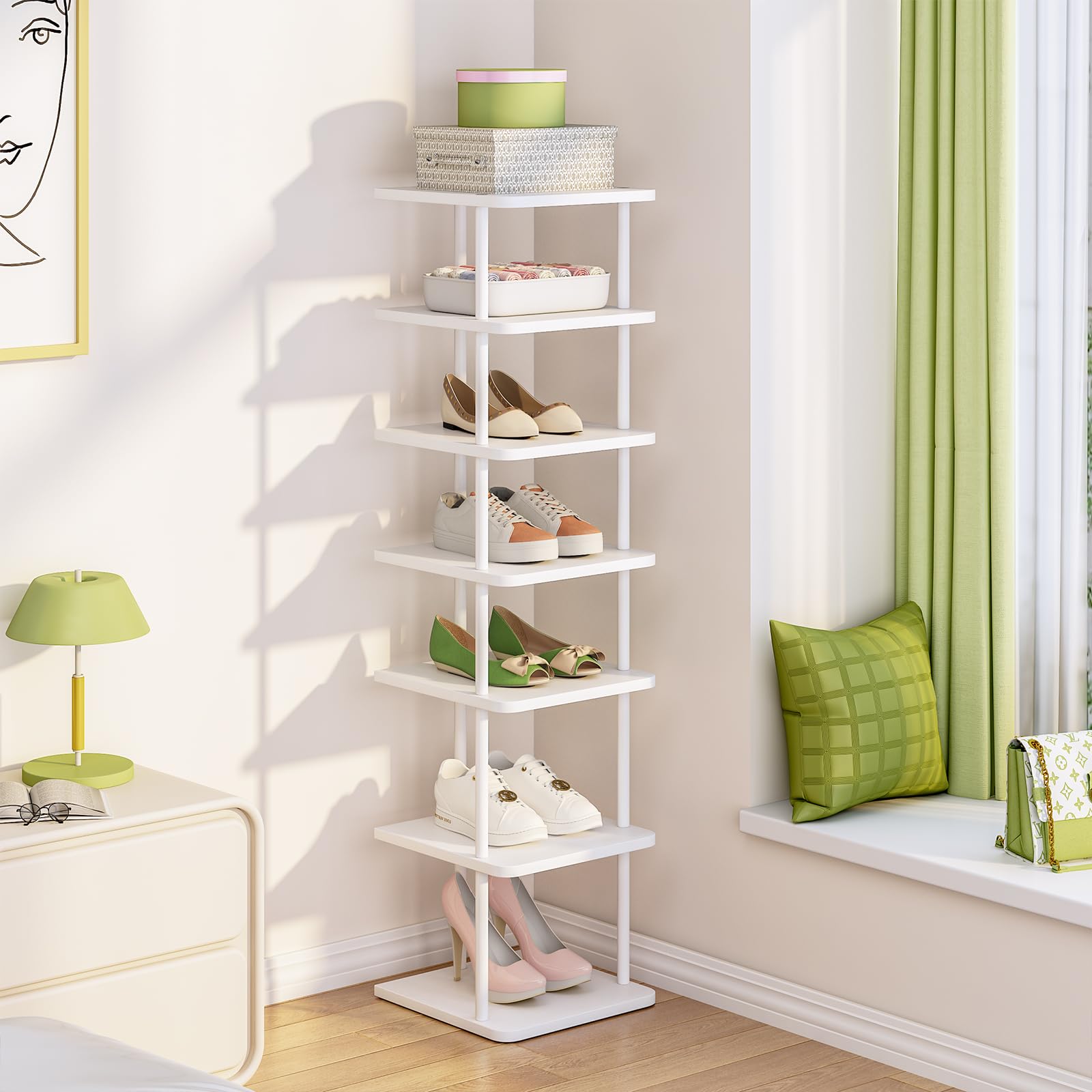 Huhote Shoe Rack Organizer, Shoe Stand, 7 Tier Narrow ShoeShelf, Metal ShoeTower, ShoeRack for Closet, Hallway, Entryway, Front Door, Small Spaces, White