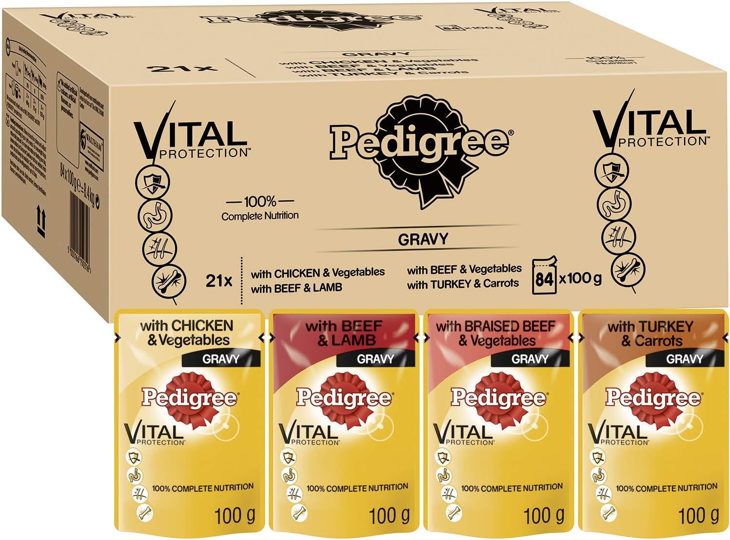 Pedigree Wet Dog Pouches Mixed Selection in Gravy, 84 Pouches (84 x 100g), 4 Sorten Fleisch in Sauce, 8400 count (Pack of 1)