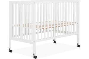 Dream On Me Folding Full-Size Convenience Baby Crib in White, GreenGuard Gold & JPMA, Portable, Patented Quick Folding System, Heavy Duty Wheels, 2 Adjustable Mattress Heights
