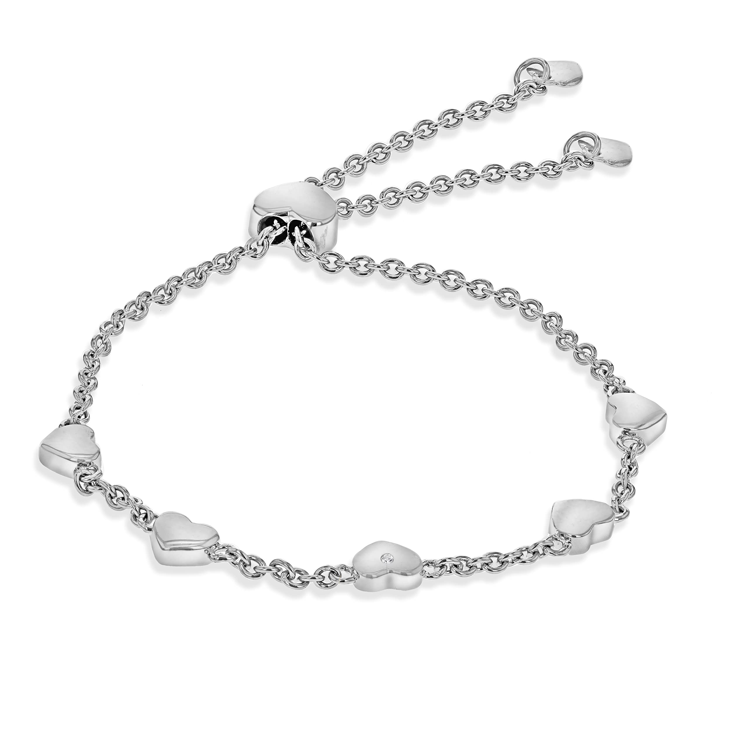 Tuscany Silver Women 925 Sterling Silver Rhodium Plated 0.01 ct Diamond Five Heart Adjustable Slider Bracelet 20 cm/8 Inch