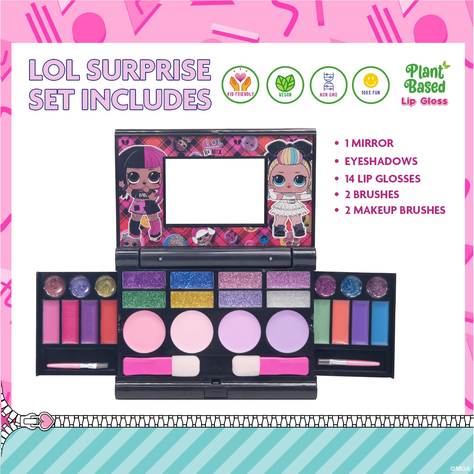 L.O.L Surprise! All-in-One Kids Cosmetic Compact Set Includes Washable Lip Gloss, Eye Shimmer, Cheek Shimmer, Brushes Colorful Portable Beauty Set for Girls, Kids, and Toddlers Ages 3+ by Townley Girl