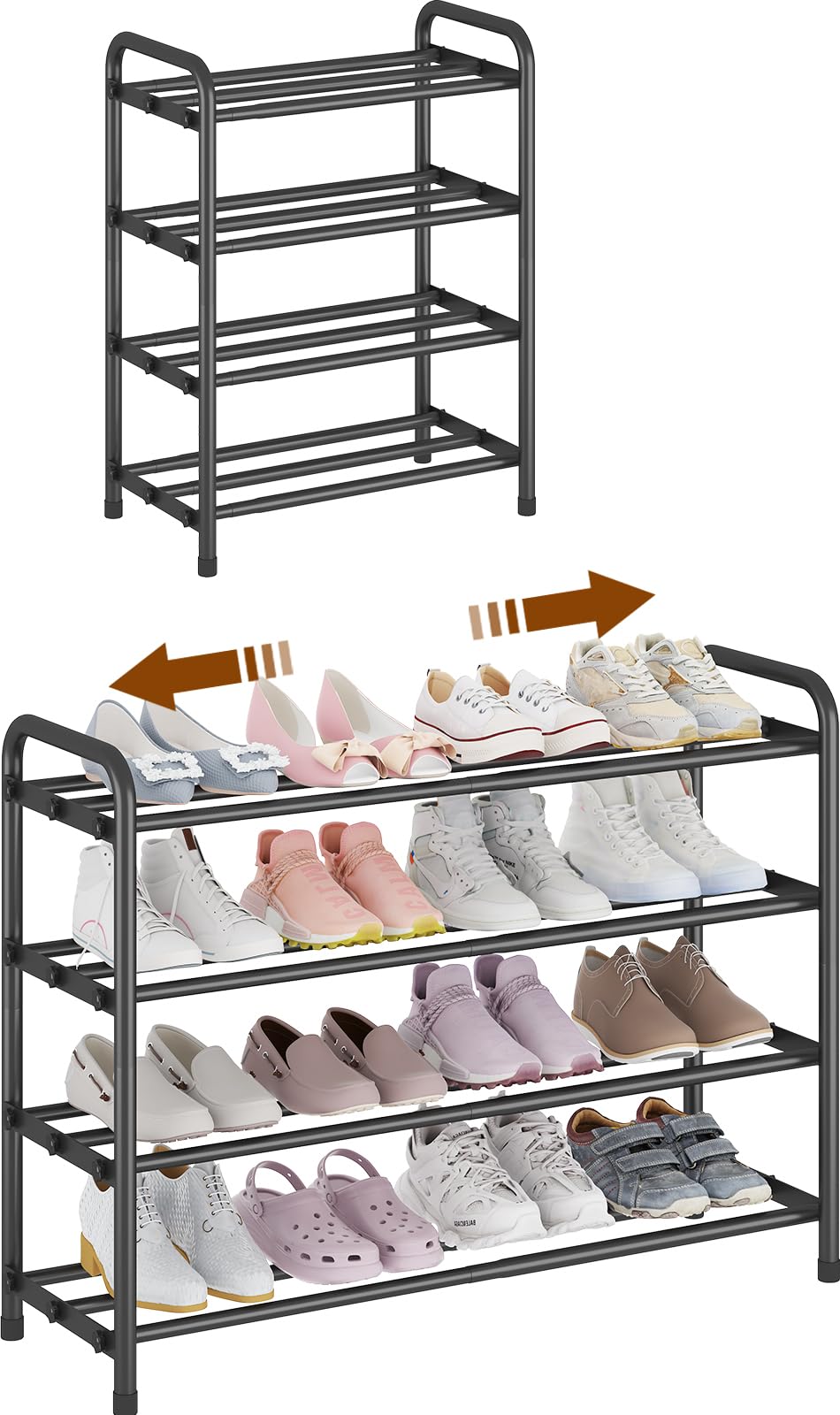 Photo 1 of KANAV 4-Tier Expandable Shoe Rack – Adjustable Shoe Organizer & Shoe Storage for Closet, Entryway, and Front Door – Space-Saving Shoe Shelf and Rack Organizer for Home - Black