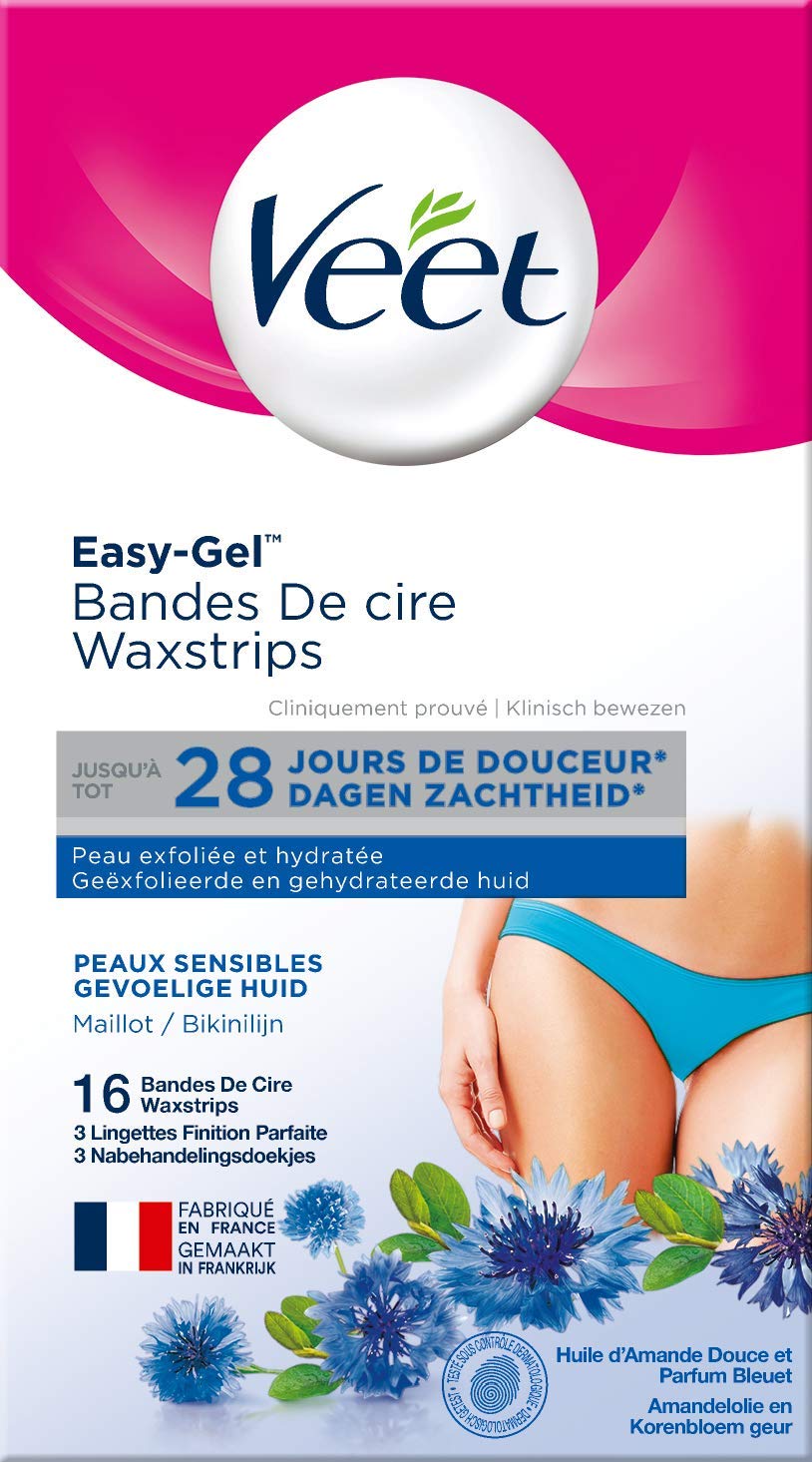 Veet® Bikini and Underarm Wax Strips with Vitamin E and Almond Oil for sensitive skin 16 strips, 4 wipes