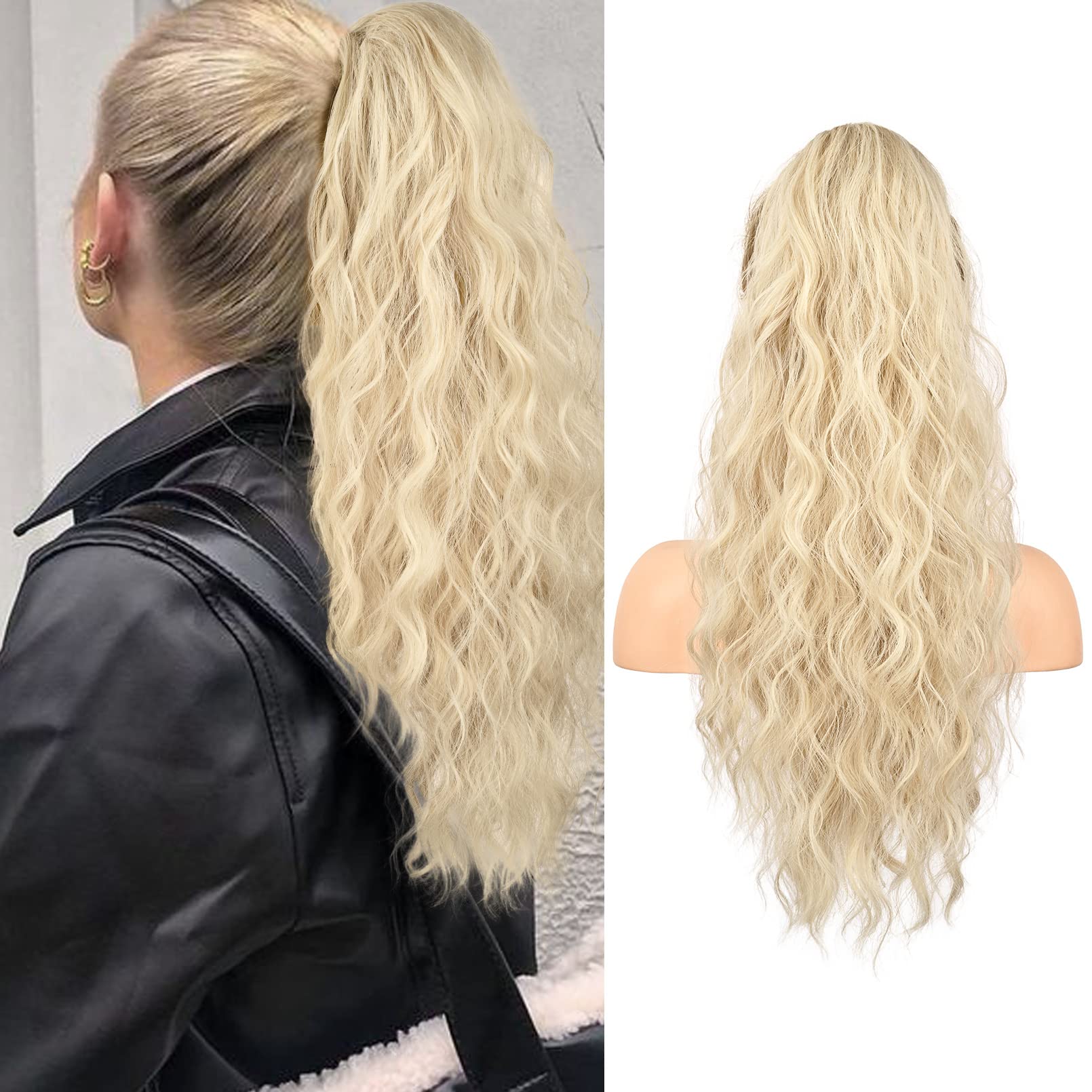 Photo 1 of Flufymooz Ponytail Extension, 22 Inch Drawstring Ponytail Hair Extensions for Women? Long Curly Wavy Pony Tail Natural Wavy Synthetic Hairpiece for Women Daily Use party (22 Inch Cool Blonde)