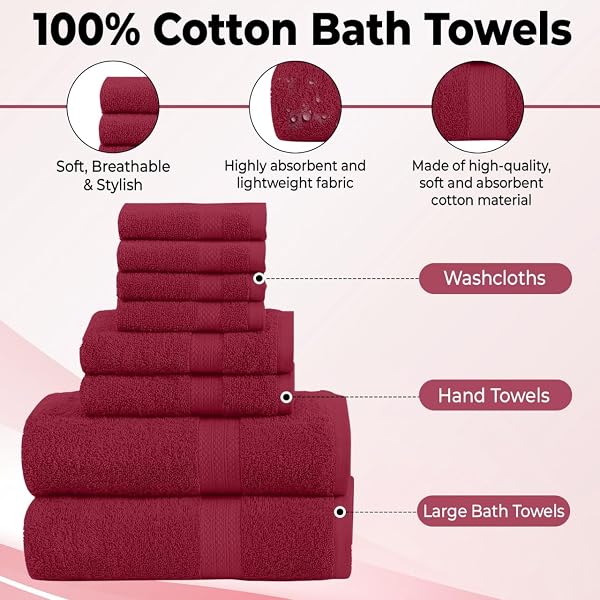 QUBA LINEN PACK OF 8 TOWELS SET, 2 LARGE BATH TOWELS, 2 HAND TOWELS, 4 WASH CLOTHS, 100% COTTON, LIGHTER WEIGHT, QUICKER TO DRY, SUPER ABSORBENT, PERFECT FOR BATHROOM (BURGANDY)