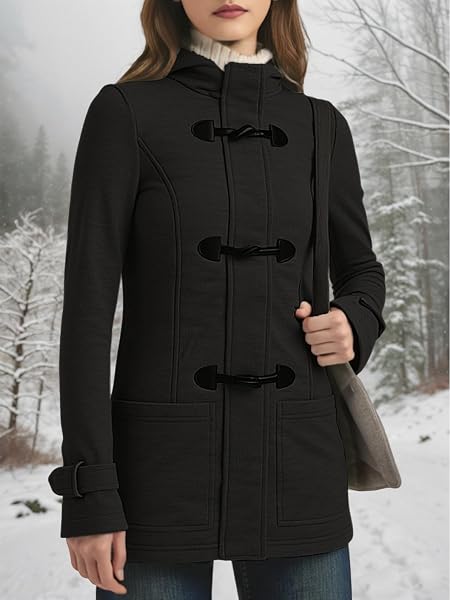 STOLKISS WOMEN’S WINTER JACKETS COTTON COAT WITH HOOD FASHION FLEECE WARM THICKEN LONG INSULATED SHELLS HORN BUTTON JACKET
