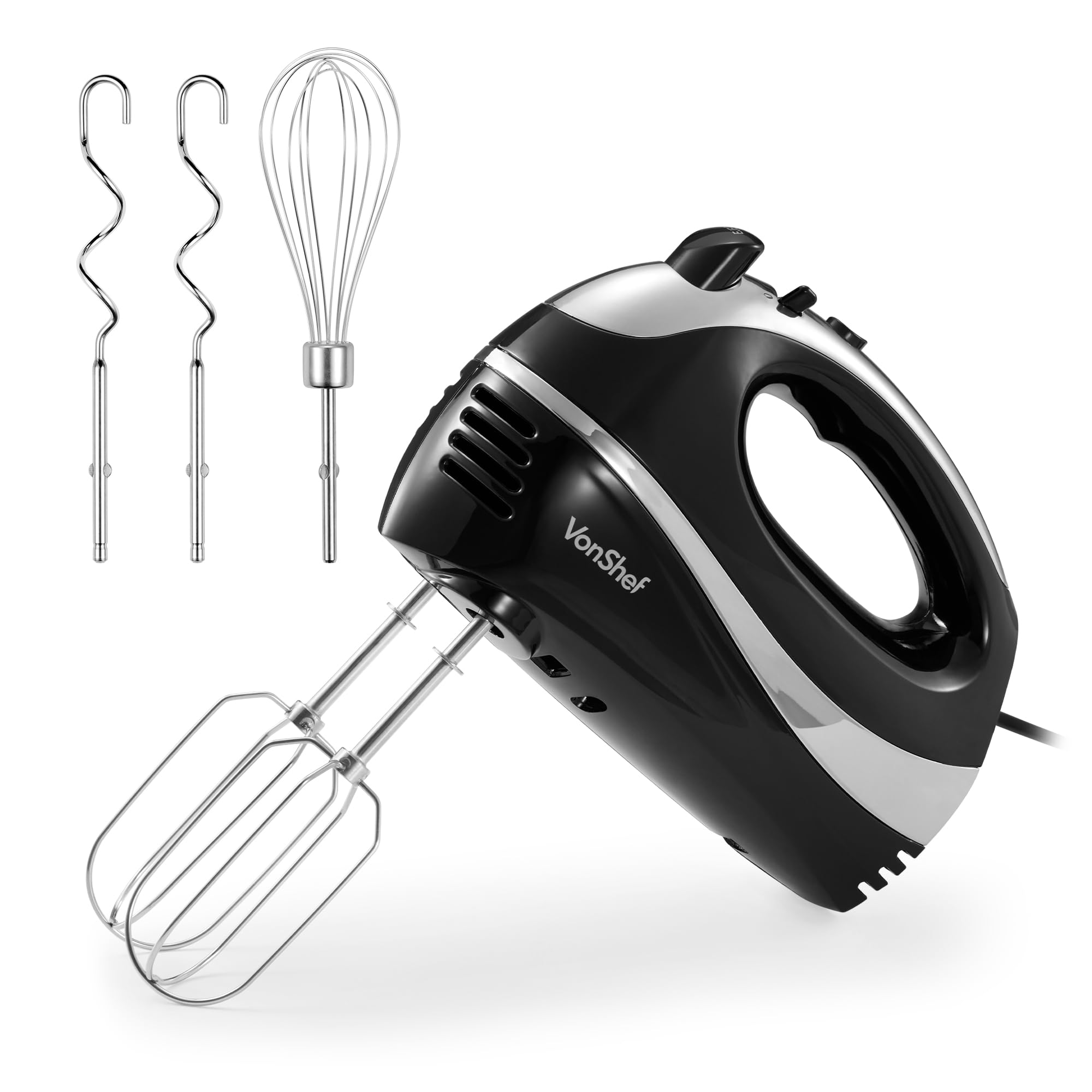 VonShef Hand Mixer Electric Whisk – Food Mixer for Baking with 5 Speeds, 300W, 2 Stainless Steel Beaters, 2 Dough Hooks & Balloon Whisk, Easy Clean, Turbo Boost, Eject Button, Compact – Black