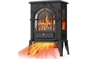 BREEZEHEAT Electric Fireplace Stove-Freestanding Fireplace Heater w/ 3D Flame, Thermostat Control, 1500W/1000W Quiet Heating, Portable Fireplace for Indoor Use, Overheating Protection, Black, 22 inch