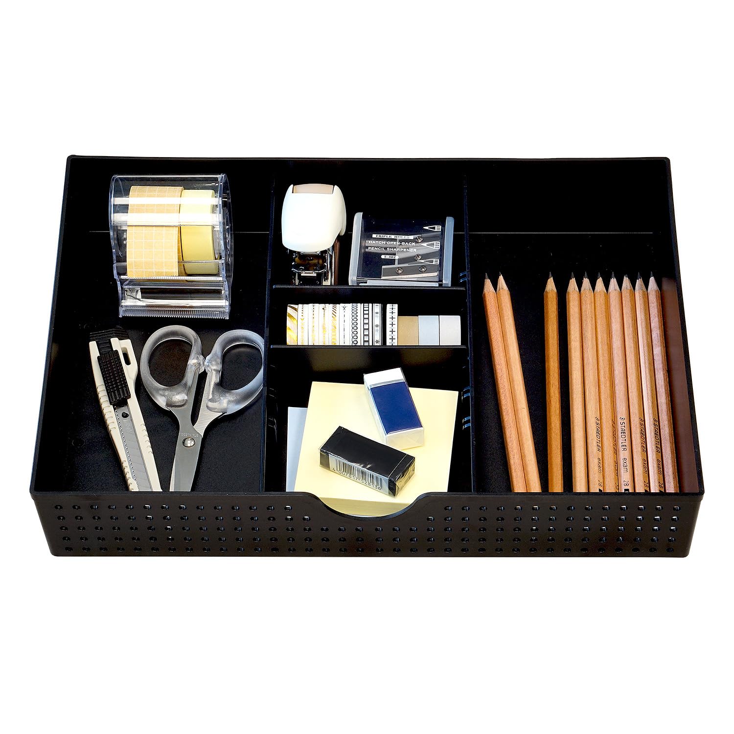 Amtido Desk Drawer Organiser Tray for Office Stationary Supplies & Accessories - Sleek 3 Compartments Stationery Organisers with 2 Adjustable Dividers - Black Desk Tidy Organiser