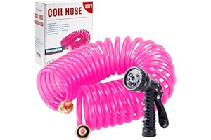 Yereen Coil Garden Hose 25FT, EVA Recoil Garden Hose, Transparent Self-coiling Water Hose with 3/4" Connector Fittings with 7 Function Spray Nozzle, Pink