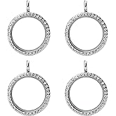 WANDIC Rhinestone Photo Charms, 4 pieces silver Round Memory Locket Pendant Bridal Wedding Bouquet Charms for Photo or Decoration, 30mm