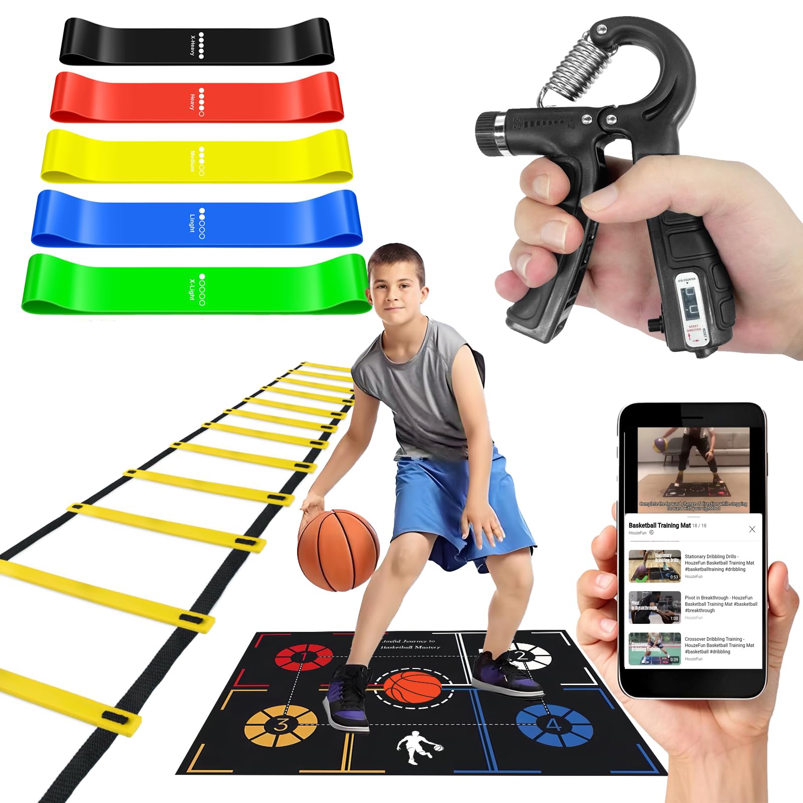 Photo 1 of Basketball Training Equipment, Dribble Trainer, Footwork Training, Training Aids with Basketball Training Mat,Agility Ladder,Hand Grip Strengthener,Resistance Bands