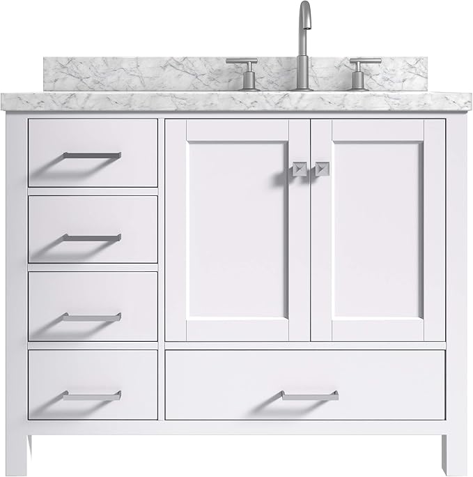2 Soft Closing Doors And 5 Full Extension Dovetail Drawers Right Offset Rectangular Sink No Mirror Ariel 43 Inch White Bathroom Vanity With Carrara White Marble Counter Top Tools Home Improvement Kitchen