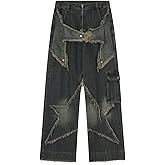 Vamtac Distressed Effect Patchwork Star Denim Jeans Baggy Harajuku Hip Hop Pants Streetwear Baggy Vintage Trousers