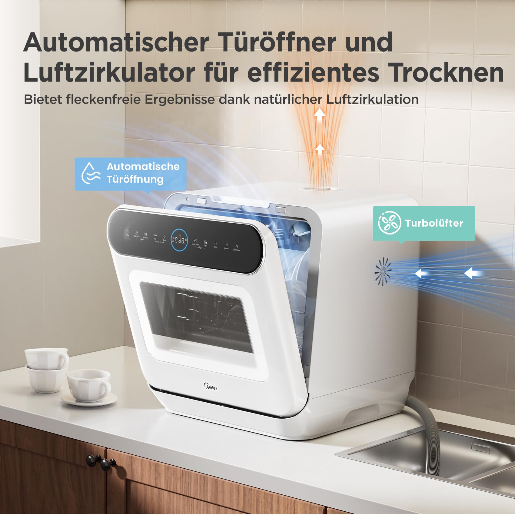 Midea Tischgeschirrspüler für 3 Gedecke, mit und ohne Wasseranschluss Verwendbar, IOT-Steuerung, 6+1 Programme, Touch Control, Mini Geschirrspüler für Wohnungen, Schlafsäle und Wohnmobile 5