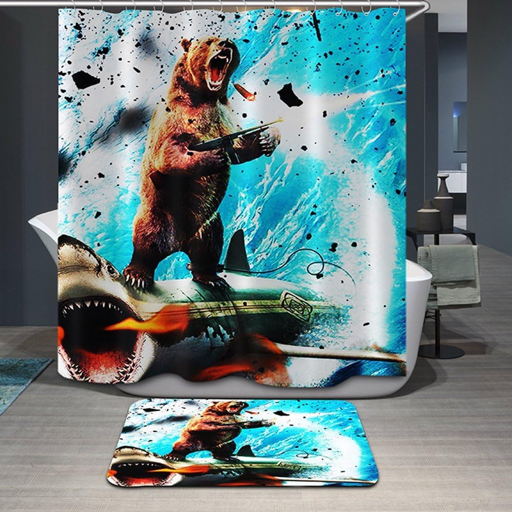 Funny bear riding a shark with a machine gun Funny Anti Bacterial Waterproof Polyester Shower Curtain 72 X 72 Inch