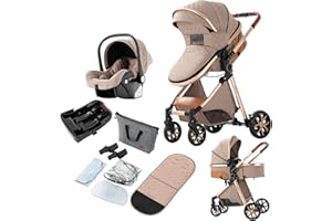 REENBORN 3 in 1 Baby Travel System, Reversible Baby Stroller, Pushchair Luxury Baby High Landscape Pram, Portable Standard Pram Buggy, Foldable Baby Carriage for Newborn Toddler (UDV9-KHAKI with Base)