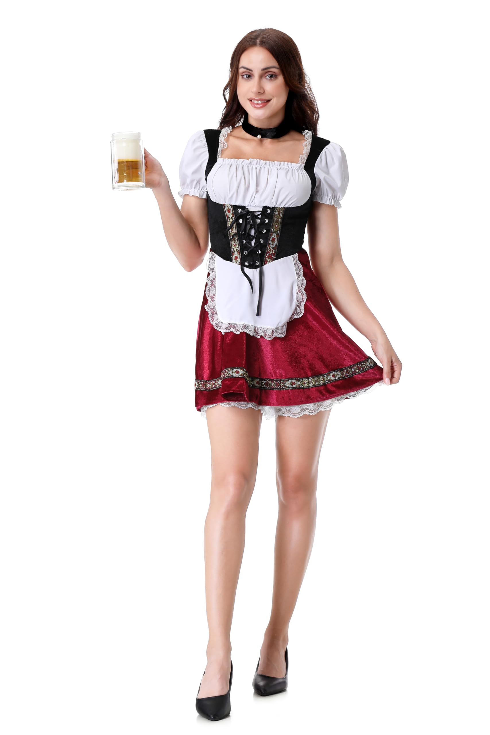 Photo 1 of Colorful House Women's Oktoberfest Costume Beer Dirndl Maid Outfit Dress for German Bavarian Halloween Carnival(Jujube Red,M)