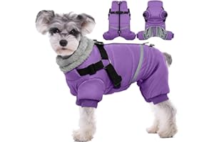 BRKURLEG Purple Dog Coat, Dog Winter Jacket with Harness, Dog Onesie Body Warm Jackets, Pet Windproof Warm Cold Weather Coats