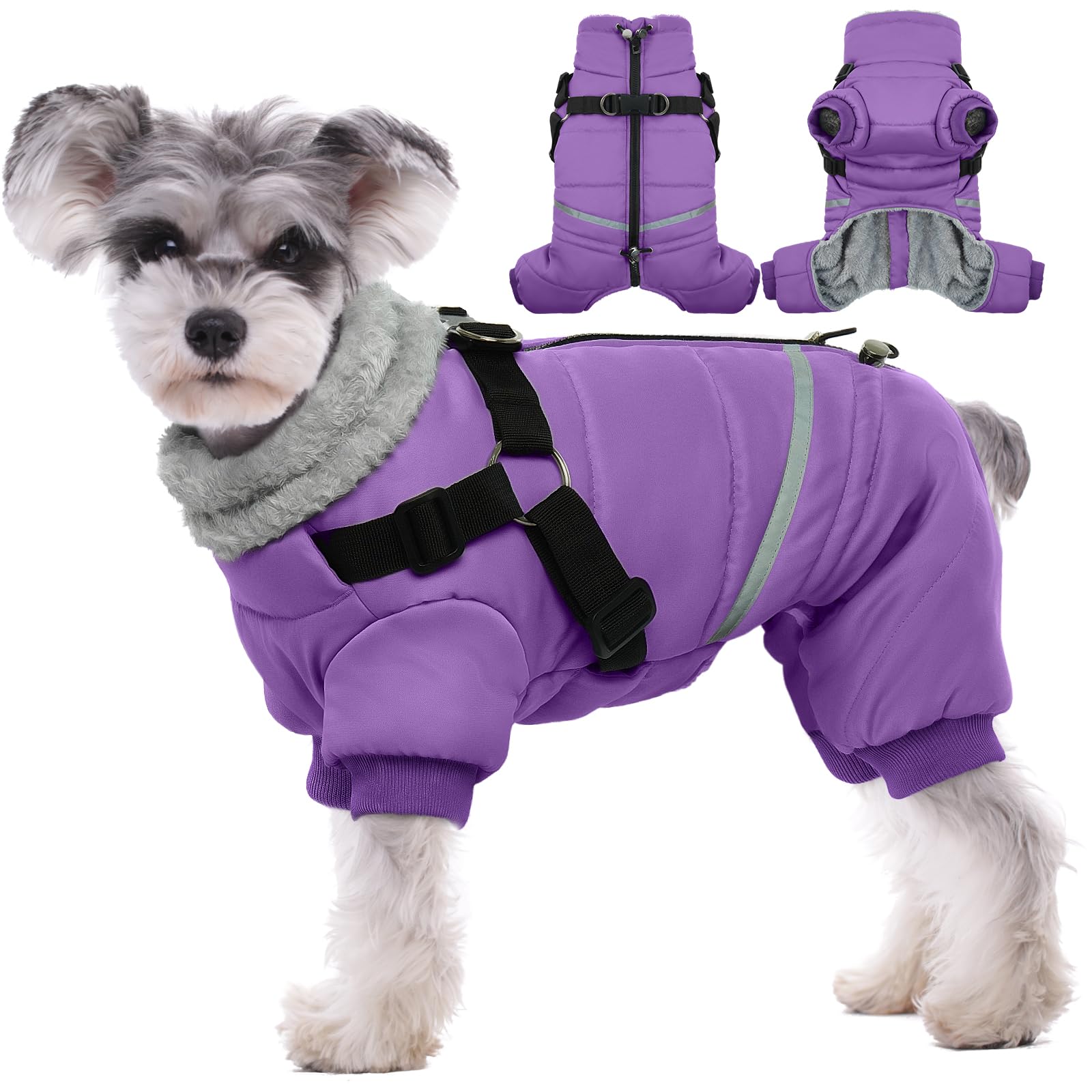 BRKURLEG Purple Dog Coat with Harness, Dog Winter Jacket, Dogs Onesie Body Warm Jackets, Small Medium Dogs Winter Coats Reflective Windproof Warm Cold Weather Coats, Pet Waterproof Jacket, XXL Image